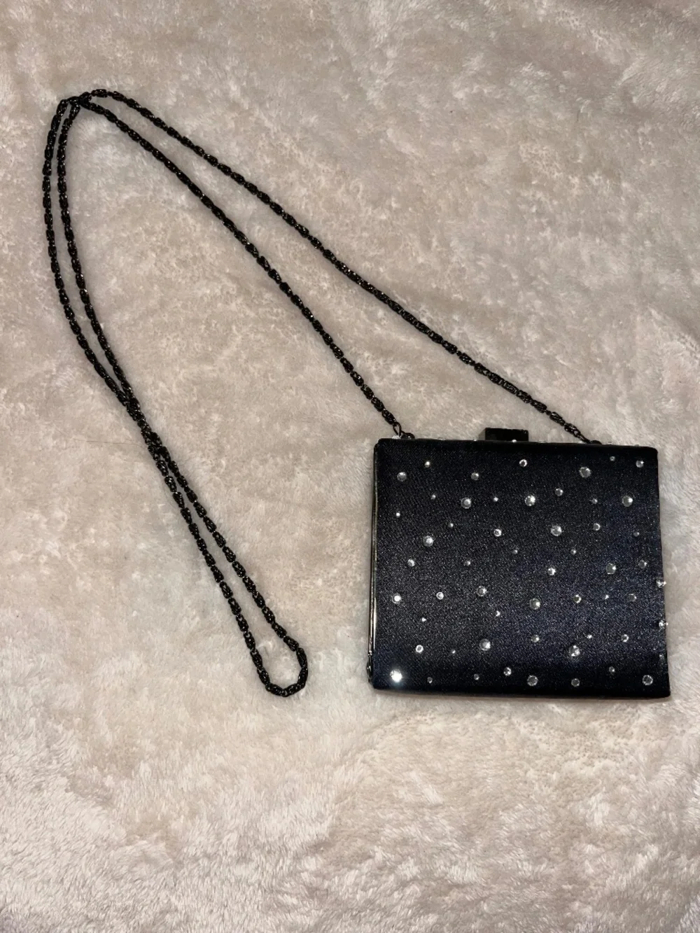 Black Satin Faux Diamond Purse Clutch - Long Metal Strap